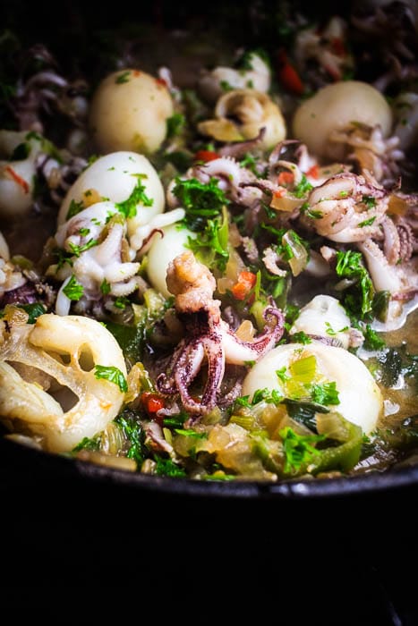 Gerootke inktvis voor albondigas con pulpo