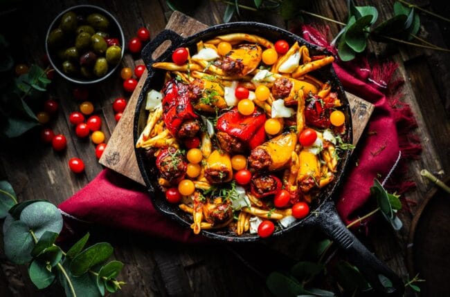 Gevulde mini paprika met merguez en Noord Afrikaanse Pasta